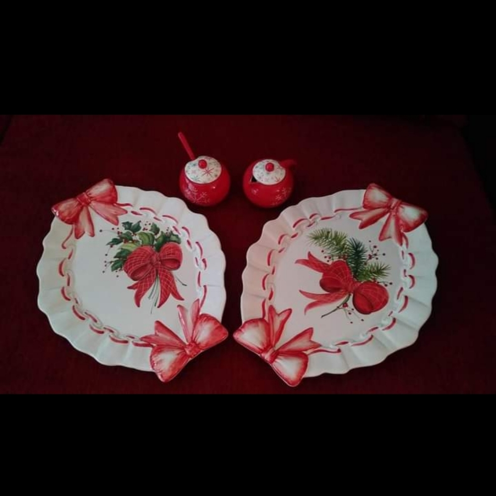 Christmas Porcelain trays with cream and sugar bowls